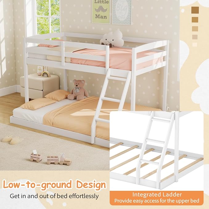 KOMFOTT Low Bunk Bed Twin Over Full, Solid Wood Twin Bed Frame with Built-in Ladder & Safety Guardrails, Space-Saving Low Bunk Bed for Kids, Teens, No Box Spring Needed