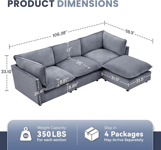 Iroomy Modular Sectional Sofa, Oversized Chenille Cloud Couch, Deep Comfy Seat, 4-Seater Sofas Couches for Living Room, Dusty Blue
