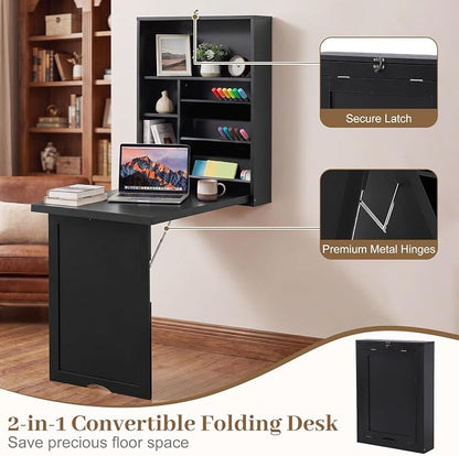 Tangkula Folding Wall Mounted Desk, Convertible Fold Out Floating Table with Storage Shelves, Space-Saving Drop Leaf Table, Murphy Desk for Craft, Study, Small Spaces, Home Office, Dorm, Black
