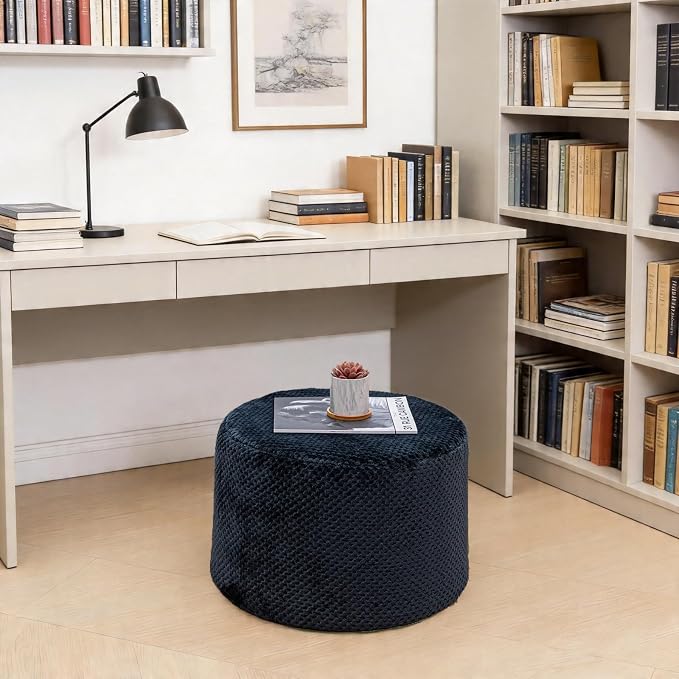 Poofieotto 20"x14" Round Foam Stuffed Pouf Ottoman - Modern Floor Foot Rest & Seating for Living Room, Bedroom, or Couch - Stylish Home Decor Accent (Navy)