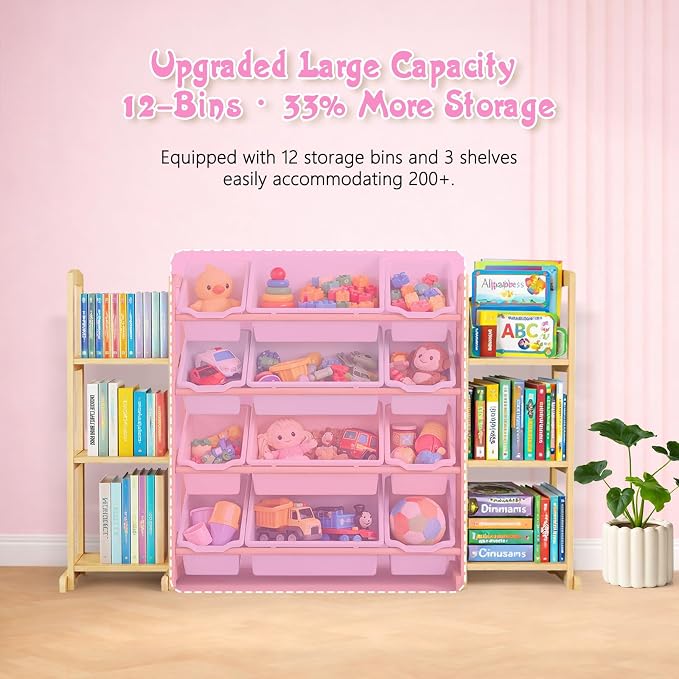Kids Toy Storage Organizer with Bookshelf – Wooden Shelf with 12 Bins & 6 Shelves, Quick Assembly Storage Rack for Playroom, Bedroom, Nursery – Colorful