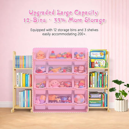 Kids Toy Storage Organizer with Bookshelf – Wooden Shelf with 12 Bins & 6 Shelves, Quick Assembly Storage Rack for Playroom, Bedroom, Nursery – Colorful