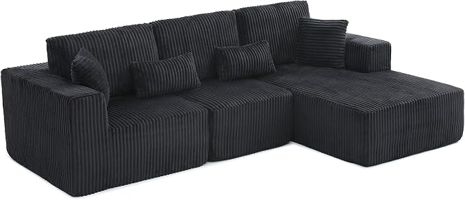 L Shaped Modular Boneless Sectional Couches for Living Room, Wide Armrest, Deep Seat, Memory Foam, Assembly Free, Modern Comfy Corduroy Fluffy Cloud Sofa with Right Chaise, Black