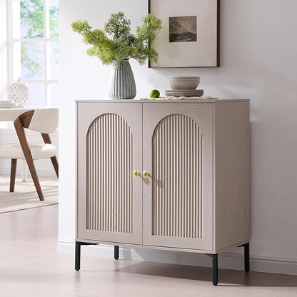 IFGET Modern Buffet Cabinet with Storage, 34" Tall Fluted Arched Sideboard Cabinet w/Adjustable Shelves, Wooden Modular Coffee Bar for Dining Room, Kitchen, Living Room, Entryway, Light Grey