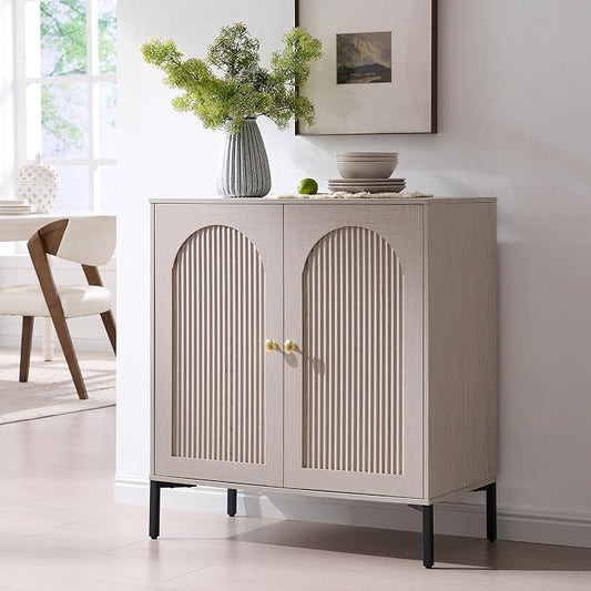 IFGET Modern Buffet Cabinet with Storage, 34" Tall Fluted Arched Sideboard Cabinet w/Adjustable Shelves, Wooden Modular Coffee Bar for Dining Room, Kitchen, Living Room, Entryway, Light Grey