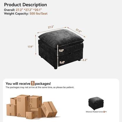 27" Cloud Sectional Modular Couch Ottoman with Storage, Upholstered Footrest with Anti-Slip Legs Large, Chenille Square Ottoman for Living Room, Bedroom, Entryway, Black