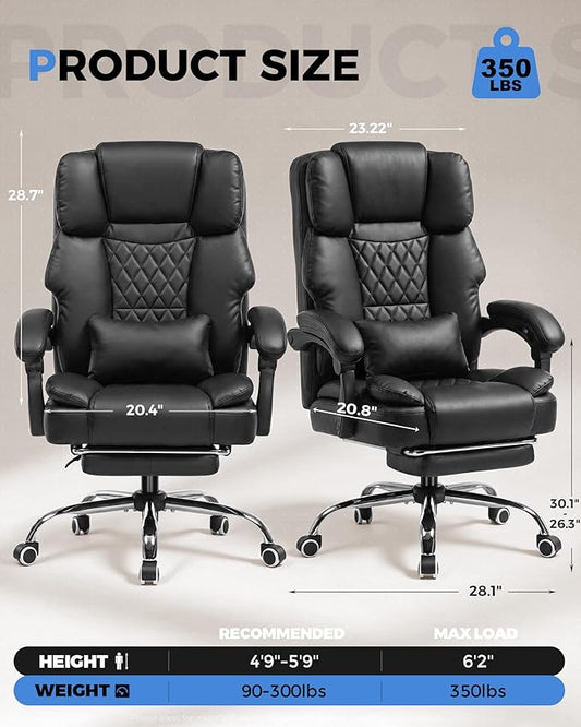 GTPLAYER Executive Office Chair Big and Tall Leather Gaming Chair with Pocket Spring Cushion & Ergonomic Lumbar Support for Lower Back Pain Relief, Comfy Desk Chair with Footrest, Matte-Black