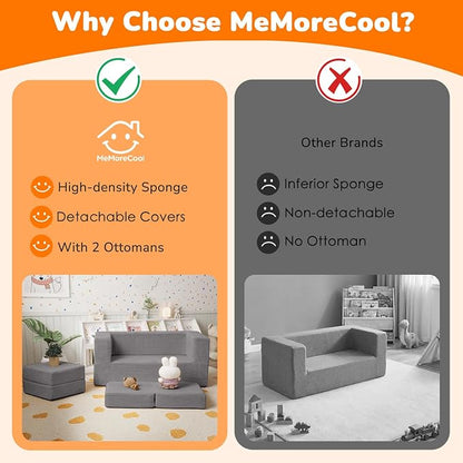 MeMoreCool Modular Kids Couch – Light Grey Foam Play Sofa Bed Convertible Toddler Couch | Soft Corduroy Cover | Washable | Bedroom & Playroom Furniture