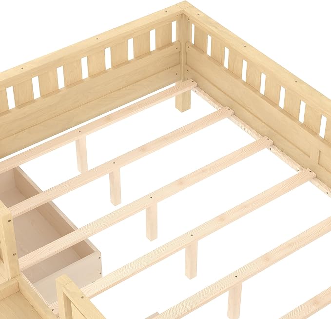 Queen Platform Bed with Drawers and Bookshelves, Kids Platform Bed Frame with Low-profile Stairs and Full-length Guardrails, Queen Bed Frame for Boys, Girls, No Box Spring Needed, Light Nature