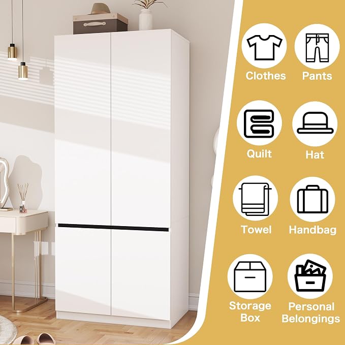 White Armoire Wardrobe Closet: 74" Wooden Wardrobe Closet with 2 Doors, Bedroom Armoires with Hanging Rod, Tall Closets Cabinet for Hanging Clothes (31.5")