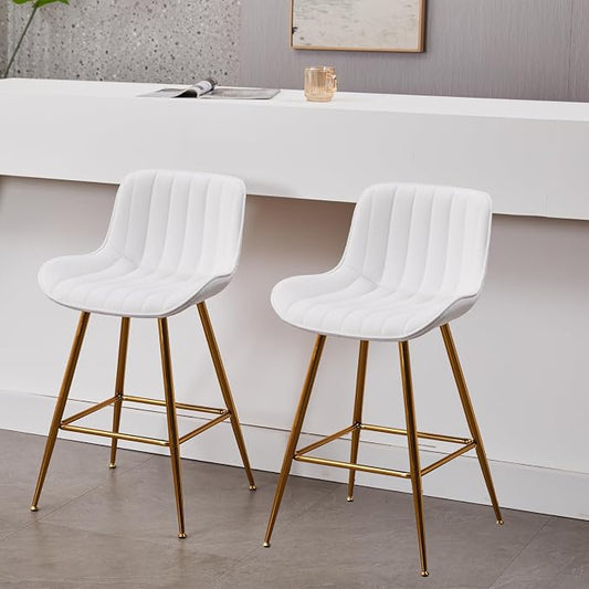 Sidanli Gold Barstools Set of 2, White Bar Stools with Gold Legs, Velvet Stools for Kitchen Island, 24inch Luxury Barstools with Adjustable Footrests
