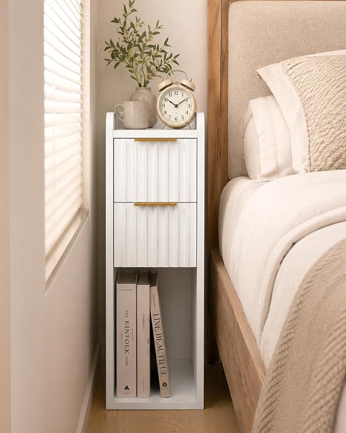 Narrow Nightstand Set of 2, 7.9" Wood Nightstands w/Fluted 2 Drawer, Slim Bed Side End Table Small Spaces Modern Skinny Wooden Night Stand for Bedroom, Living Room, White