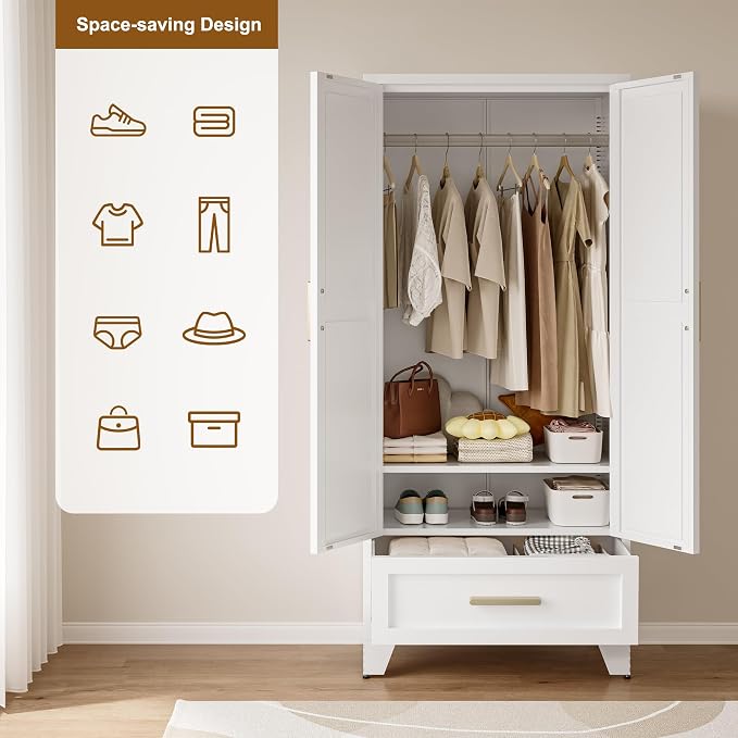 QINPTWUT 71" Tall Metal Wardrobe with Doors, Hanging Rod & Adjustable Shelf, Freestanding Steel Armoire for Bedroom Home Office, 1-Drawer White