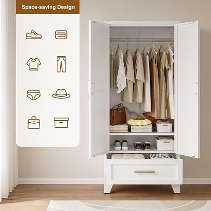 QINPTWUT 71" Tall Metal Wardrobe with Doors, Hanging Rod & Adjustable Shelf, Freestanding Steel Armoire for Bedroom Home Office, 1-Drawer White