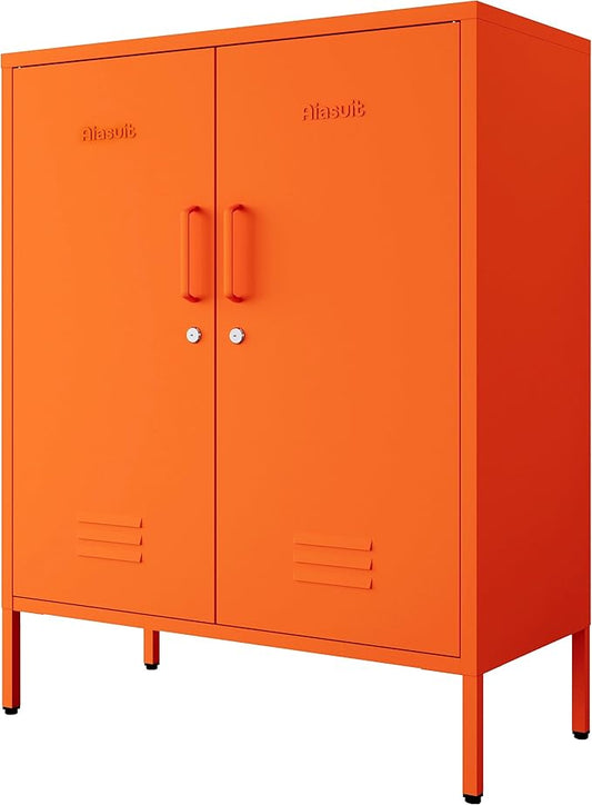 Orange 3 Tier Metal Storage Cabinet with Legs, Lockable 2 Door Metal Locker, Heavy Duty Multipurpose Accent Storage Cabinet with 2 Adjustable Shelves for Home, Office, Entryway and Hallway