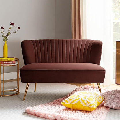 TINA'S HOME Mid-Century Velvet Loveseat Sofa, Upholstered Loveseat Couch with Golden Metal Legs, Small Tufted 2-Seat Sofa Armless Love Seat for Living Room Bedroom, Burn Brick