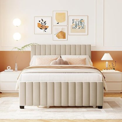 Bellemave Full Bed Frame with Trundle Bed,Velvet Upholstered Platform Bed Frame,Full Size Trundle Bed with Headboard for Kids Teens Adults,Beige
