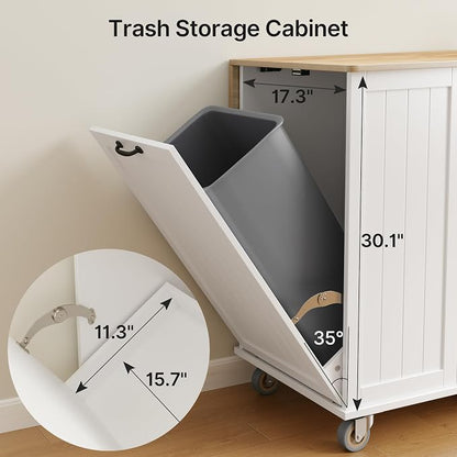 Ahomly Kitchen Island with Storage, 44.49" Kitchen Island with Trash Can Storage, Drop Leaf Rubberwood Top, Knife Holder, Adjustable Shelf, Towel Bar, Drawer, Spice Rack, White