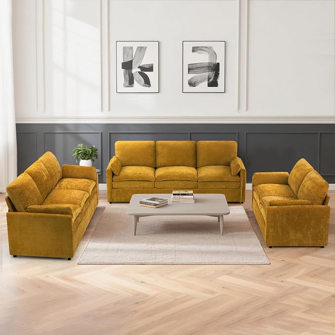3 Pieces Chenille Sofa Set w/Arm Pillows, Upholstered Loveseat & 2 Pieces 3 Seater Sofa w/Comfortable Back Cushions, Modern 2-Seat & 3-Seat w/High-Density Foam for Living Room, Yellow