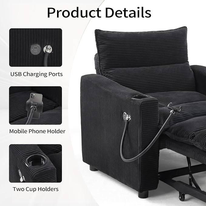 HAOMARKETS Corduroy Sleeper Sofa Bed with 2 Cup Holders, 3-in-1 Convertible Pullout Futon Couch with Phone Holder&USB Charge Port, Single Chair with 3-Level Adjustable Backrest for Living Room
