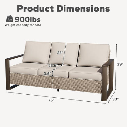 Joyside Outdoor Patio Wicker Sofa, 3-Seater Rattan Sofa with Thick Olefin Cushions and Metal Steel Rectangular Framed Armrest -Looking Metal Armrest Suitable for Garden, Backyard, Porch, Deck, Beige