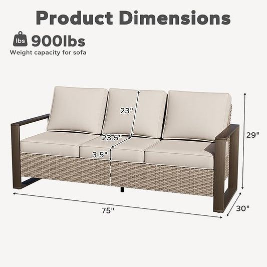 Joyside Outdoor Patio Wicker Sofa, 3-Seater Rattan Sofa with Thick Olefin Cushions and Metal Steel Rectangular Framed Armrest -Looking Metal Armrest Suitable for Garden, Backyard, Porch, Deck, Beige