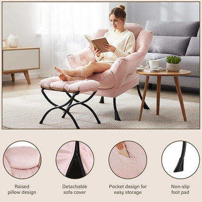 Welnow Lazy Chair with Ottoman, Modern Accent Chair with Armrests and a Side Pocket, Leisure Sofa Armchair, Reading Armchair with Footrest for Small Space, Pink