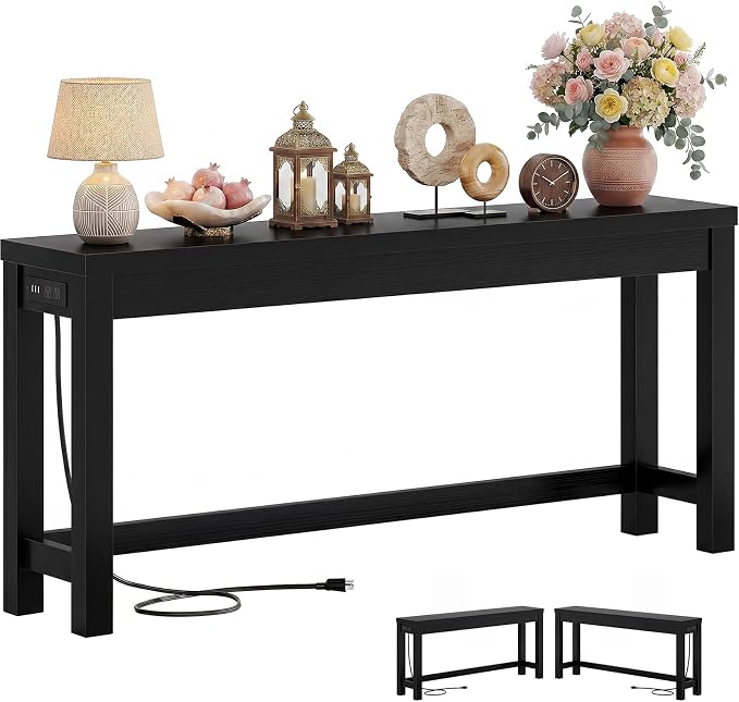 Cyclysio 63" Console Table with Charging Station, 13.8" Deep Farmhouse Sofa Table Behind Couch with 2 AC Outlets & 3 USB Ports, Long Entryway TV Console or Home Office Desk, Black