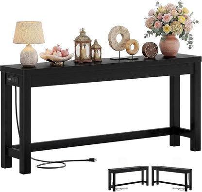 Cyclysio 63" Console Table with Charging Station, 13.8" Deep Farmhouse Sofa Table Behind Couch with 2 AC Outlets & 3 USB Ports, Long Entryway TV Console or Home Office Desk, Black