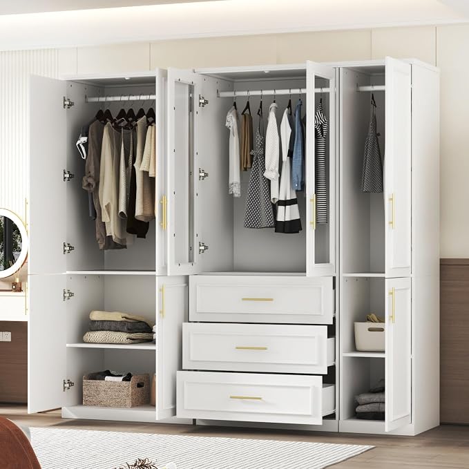 Timechee Almirah for Clothes, White Large Wardrobe Closet System, Bedroom Storage Cabinets with Tempered Glass Doors and Shelves,Hanging Rods, Standing Armoire Wardrobe Closet with Drawers for Bedroom
