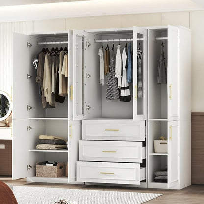Timechee Almirah for Clothes, White Large Wardrobe Closet System, Bedroom Storage Cabinets with Tempered Glass Doors and Shelves,Hanging Rods, Standing Armoire Wardrobe Closet with Drawers for Bedroom