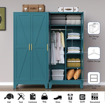Steel Armoire Wardrobe Closet, 71" Metal Clothing Storage Cabinets with 2 Doors & 3 Adjustable Shelves, Blue Wardrobe Cabinet with Hanging Rod for Bedroom, Gym