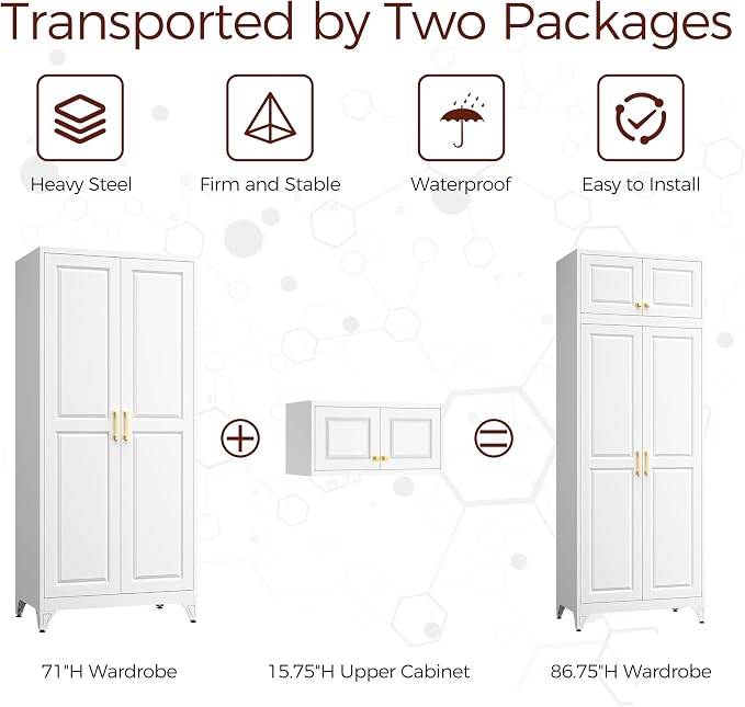 Metal Armoire Wardrobe Closet with Doors, 86" Tall Wardrobe Cabinet, White Clothing Storage Cabinets with Adjustable Shelves for Bedroom, Home Office
