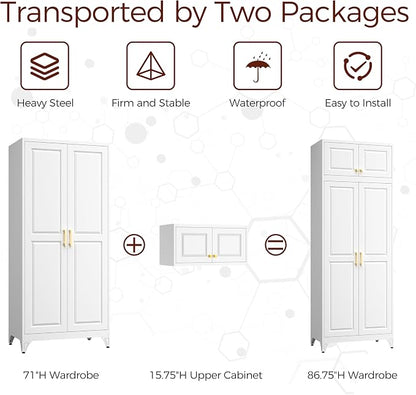 Metal Armoire Wardrobe Closet with Doors, 86" Tall Wardrobe Cabinet, White Clothing Storage Cabinets with Adjustable Shelves for Bedroom, Home Office