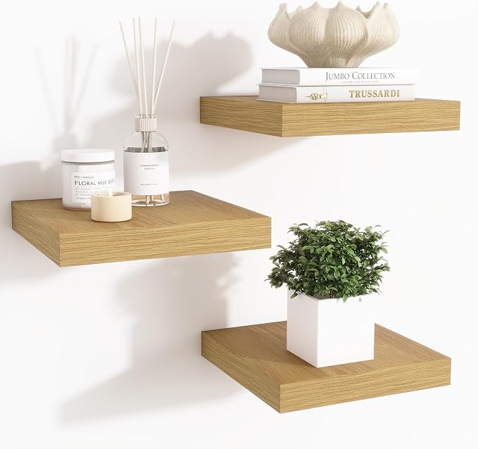 Fun Memories Floating Shelves for Wall - 7.5 Inch Square Shelves with Invisible Brackets, Small Wall Shelf for Living Room, Bathroom, Bedroom, and Kitchen Decor Oak Set of 3