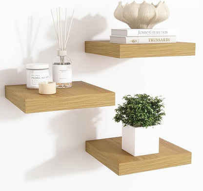 Fun Memories Floating Shelves for Wall - 7.5 Inch Square Shelves with Invisible Brackets, Small Wall Shelf for Living Room, Bathroom, Bedroom, and Kitchen Decor Oak Set of 3