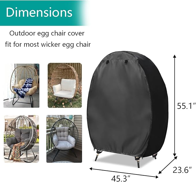 FLYMEI Wicker Egg Chair Cover Indoor Outdoor Lounger Chair Cover with Double Zipper for Wicker Patio Basket Chair, Waterproof, Dustproof and Anti-UV, 45.3" L x 23.6" W x 55.1" H