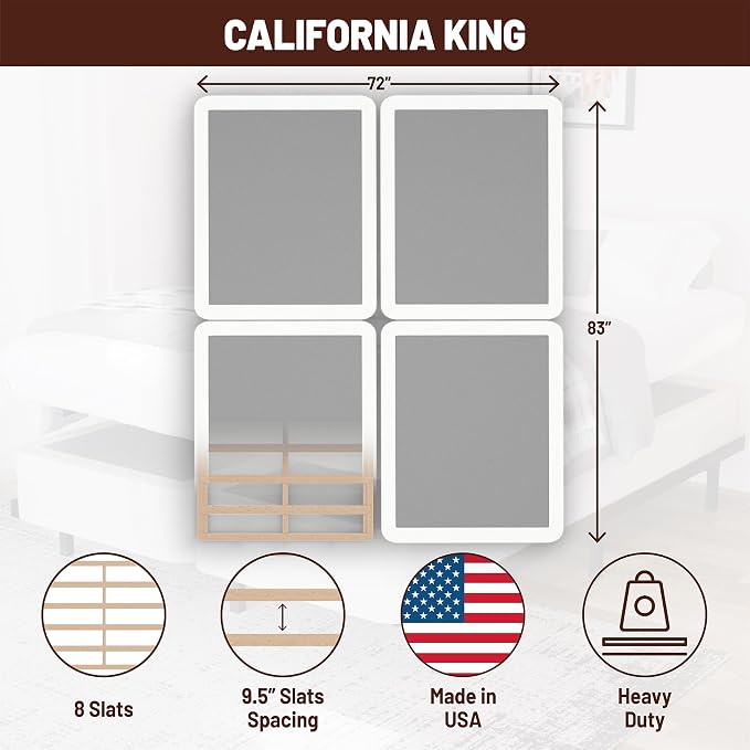 Treaton, 8-Inch Sturdy Wood Box Spring for Mattress Support - Durable and Fully Assembled, Natural Wood Foundation for California King(Fold), White