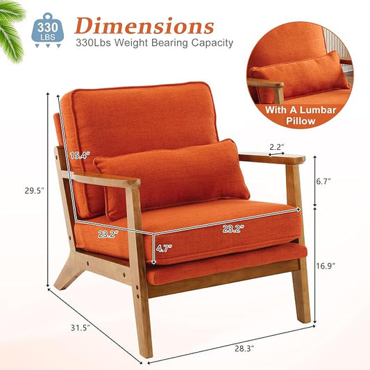 Vingli Solid Wood Wide Armrests Accent Chair Set of 2,Upholstered Mid Century Modern Chair with Pillow,Farmhouse Arm Chair Comfy Reading Chair,Chairs Living Room,Bedroom,Guest Room,Linen Fabric,Orange