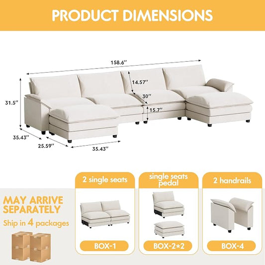 Homall 159" Modular Sectional Sofa, U Shaped Sofa Couch with Reversible Ottoman, DIY Combination Chenille Deep 4-Seat Cloud Couch for Living Room, Apartment (White, U Shaped Sofa)