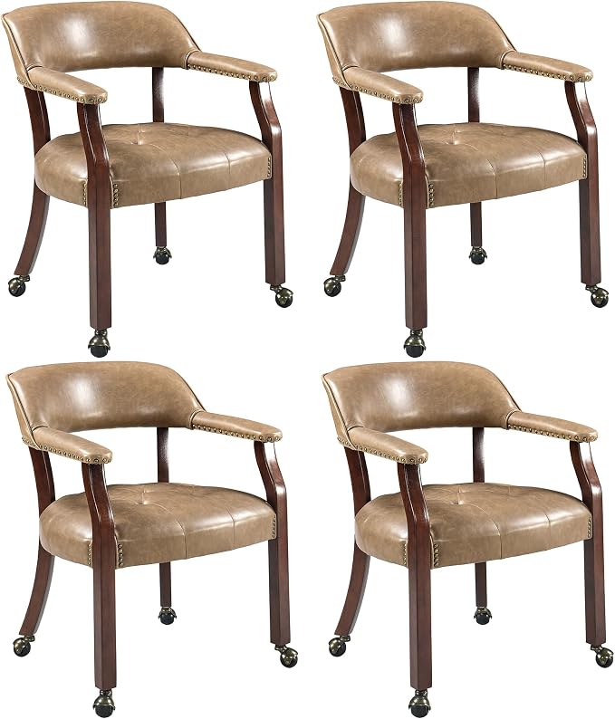 LEEMTORIG Set of 4 Large Dining Chairs with Casters and Arms, Rolling Dining Chairs with Wheels, Accent Game Table Chairs, 26“Dx25.2 Wx31.5“H, Cherry Legs & Yellowish Brown PU SY-1533-PMB04