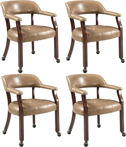 LEEMTORIG Set of 4 Large Dining Chairs with Casters and Arms, Rolling Dining Chairs with Wheels, Accent Game Table Chairs, 26“Dx25.2 Wx31.5“H, Cherry Legs & Yellowish Brown PU SY-1533-PMB04