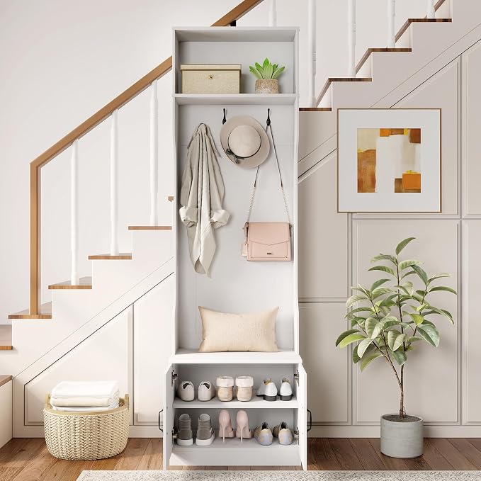 Giantex 3-in-1 Hall Tree with Bench and Shoe Storage, 23.5" Tall Coat Rack with Adjustable Shelves, 4 Hanging Hooks, 2-Door Cabinets, Modern Mudroom Storage Organizer for Living Room, Hallway
