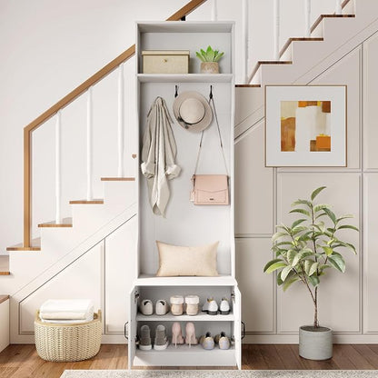 Giantex 3-in-1 Hall Tree with Bench and Shoe Storage, 23.5" Tall Coat Rack with Adjustable Shelves, 4 Hanging Hooks, 2-Door Cabinets, Modern Mudroom Storage Organizer for Living Room, Hallway