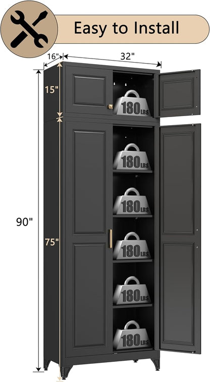 90” Tall Kitchen Pantry Cabinet,Metal Storage Cabinet with Doors and Adjustable Shelves,Modern Kitchen Hutch Cabinets,Freestanding Cupboard for Dining Room