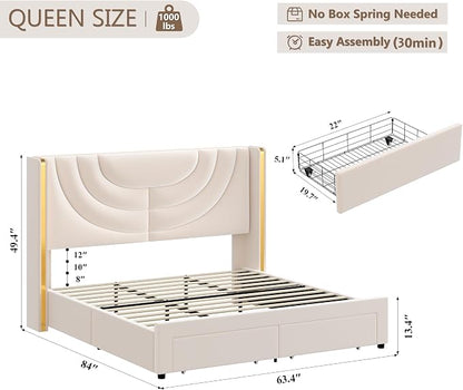 HITHOS Queen Upholstered LED Bed Frame with 2 Storage Drawers, Velvet Platform Bed with Wingback Headboard, Solid Wooden Slats Support, No Box Spring Needed, Headboard Splicing Design, Beige