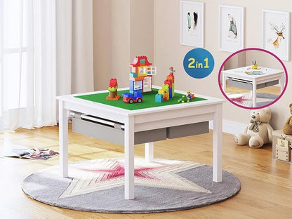 UTEX 2 in 1 Kids Construction Play Table with Storage (White) | with Storage Drawers and Built in Plate