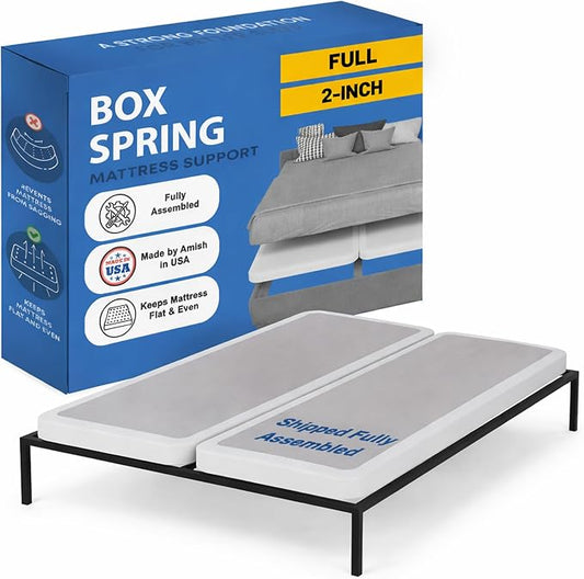 Greaton, Box Spring Bed Base Full Size, 2-Inch Wood Mattress Foundation - Amish Made in USA – Quiet Noise Free, 2-Pieces Under Mattress-Support BoxSpring, Fully Assembled, White