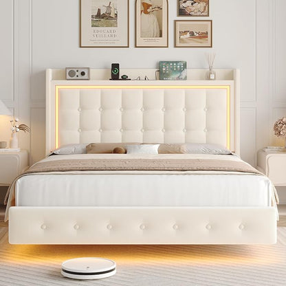 Keyluv Full Floating Bed Frame with Storage Headboard, LED Lights & Charging Station Platform Bed, Soft Upholstered Velvet, USB/Type-C Ports, Easy Assembly, Beige