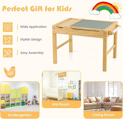 HONEY JOY Kids Table, 2 in 1 Toddler Wooden Activity Table with Paper Roll, Convertible Building Block Tabletop, 3 Storage Compartments, Children Furniture Set for Daycare, Playroom, Natural